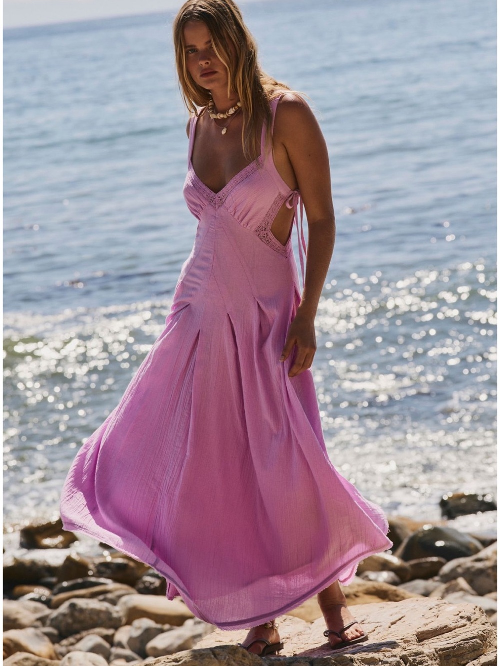 Free People Vivi Cotton Midi Dress Medium Lilac Bouquet Purple Pink Maxi NWT